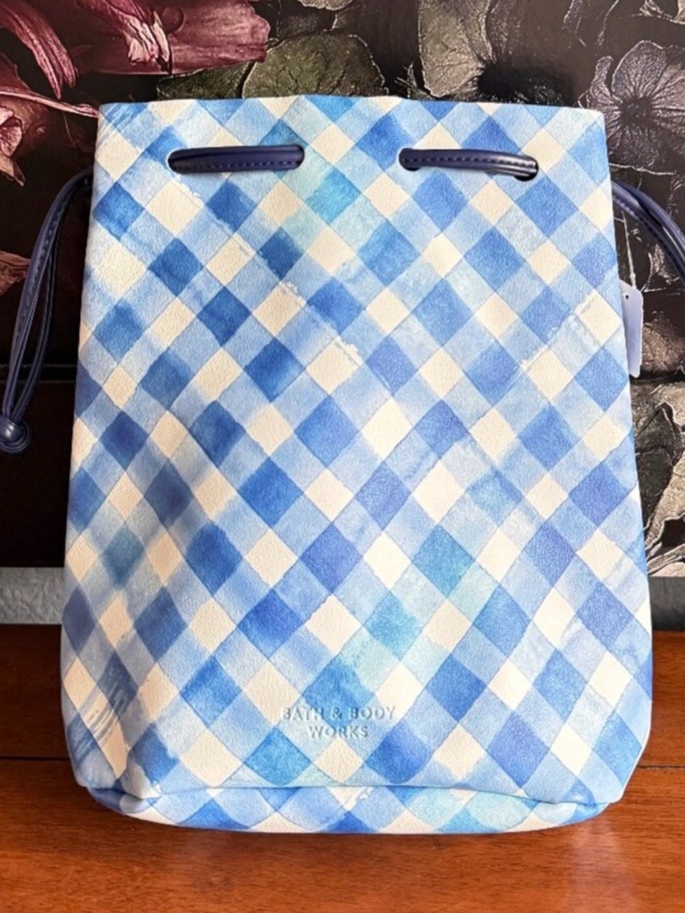 Bath & Body Works Navy and Light Blue Gingham Drawstring Tote